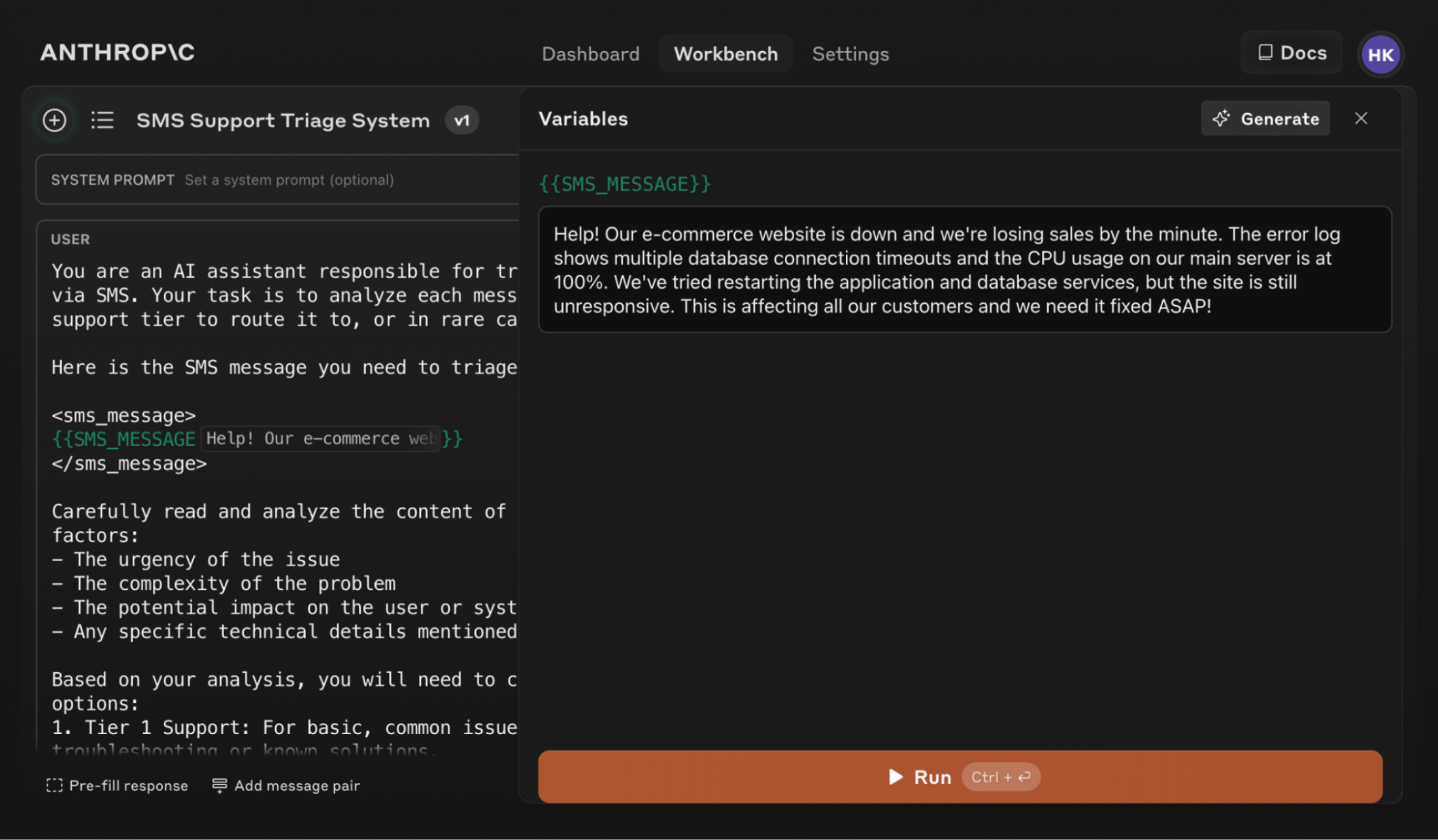 App screen of prompt generation and Claude response