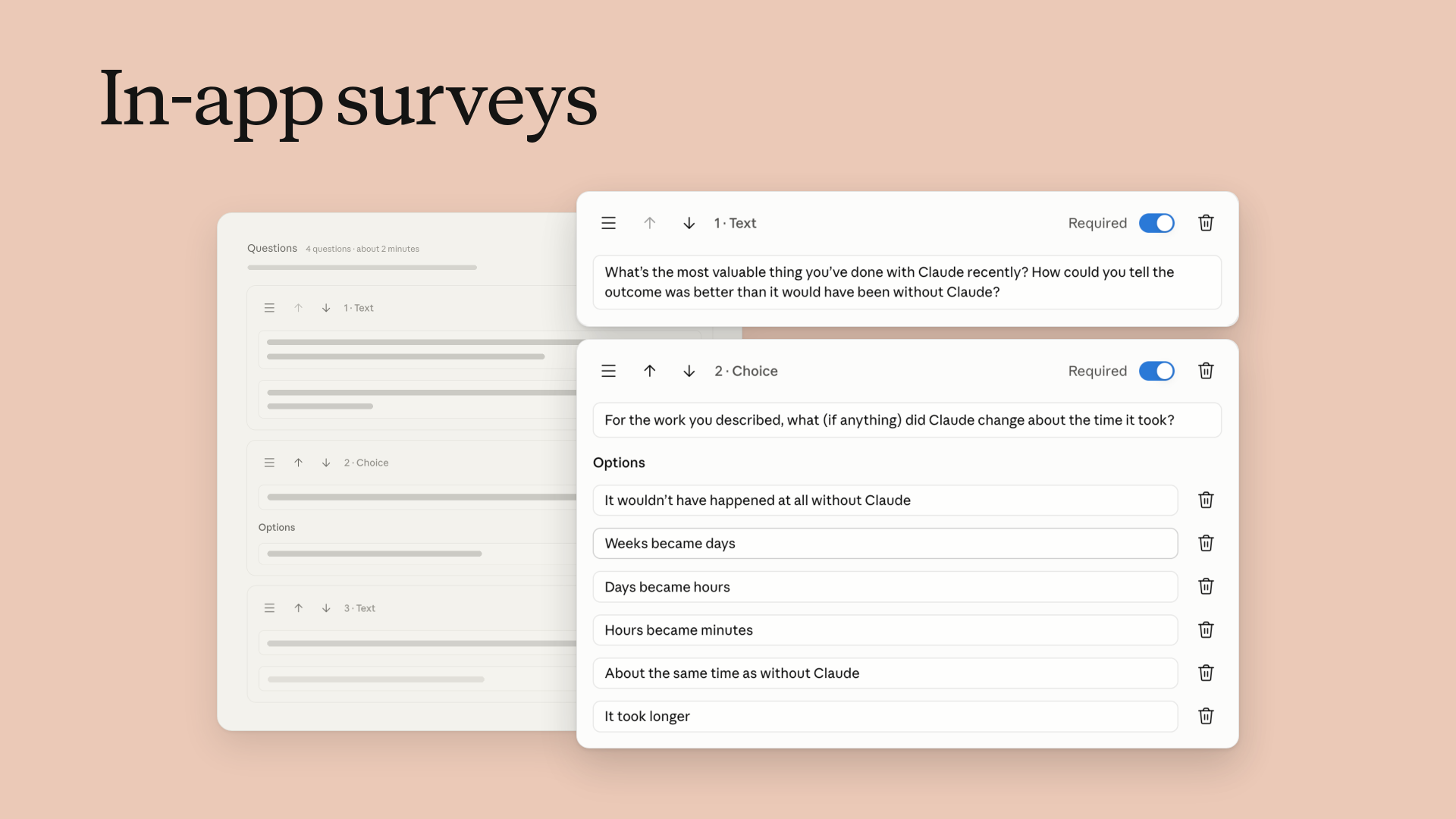 In-app survey editor with a text question and a multiple-choice question about time saved
