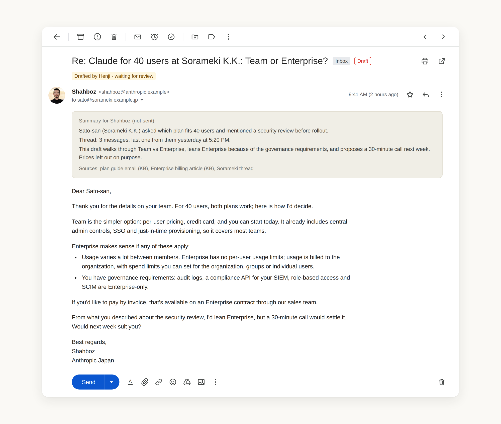 A screenshot of an email drafted by Claude, for review by the human.