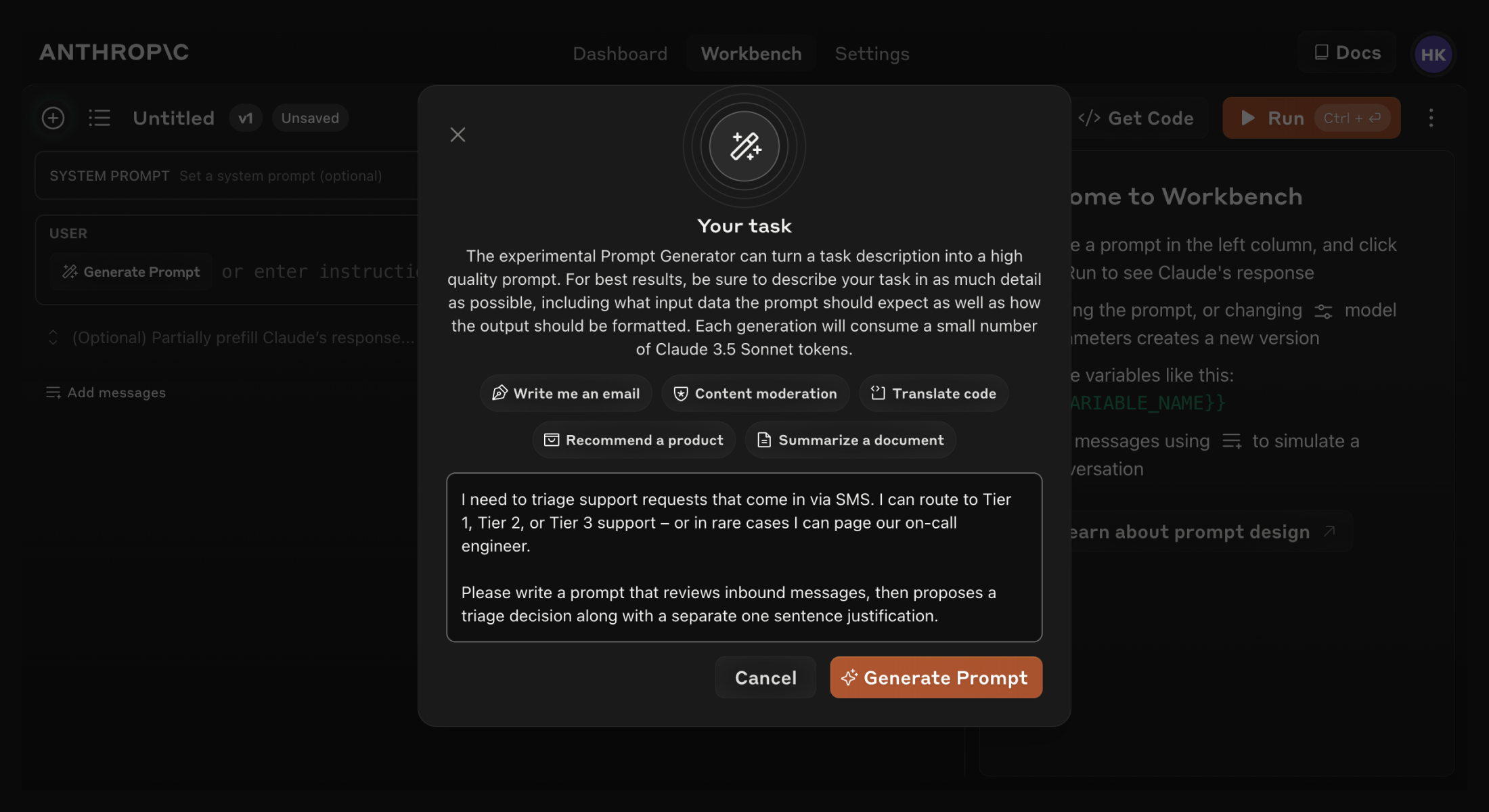 App screen of Anthropic Console prompt generator