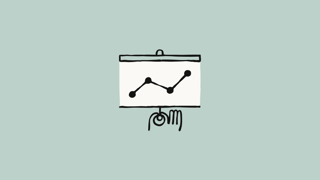 Illustration of a hand holding up a presentation screen showing a line chart