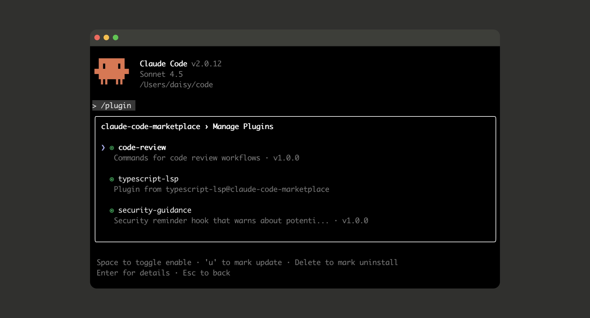 Produkt-Screenshot mit dem Plugin-Menü von Claude Code