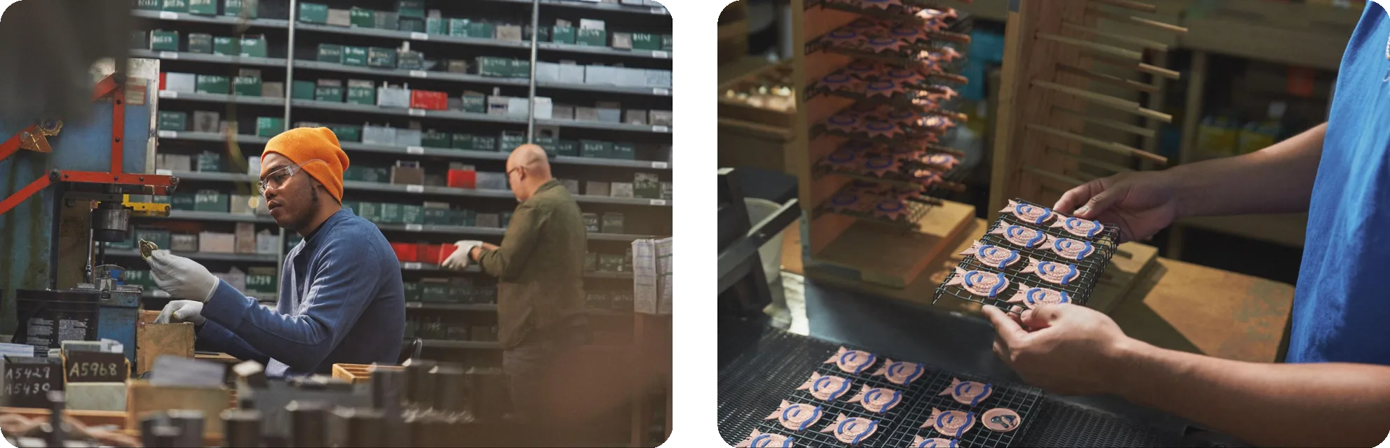 A press operator works at his station in front of shelves of steel dies, alongside a worker holding a rack of copper badge blanks with blue enamel banners.