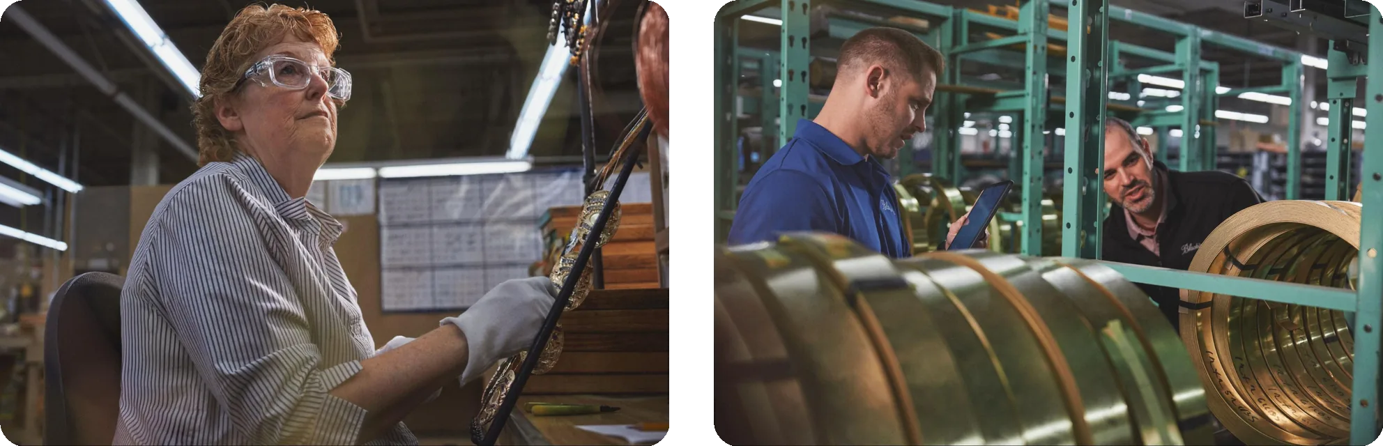 A Blackinton worker in safety glasses inspects finished badges on a rack, alongside two employees reviewing brass coil inventory on a tablet.