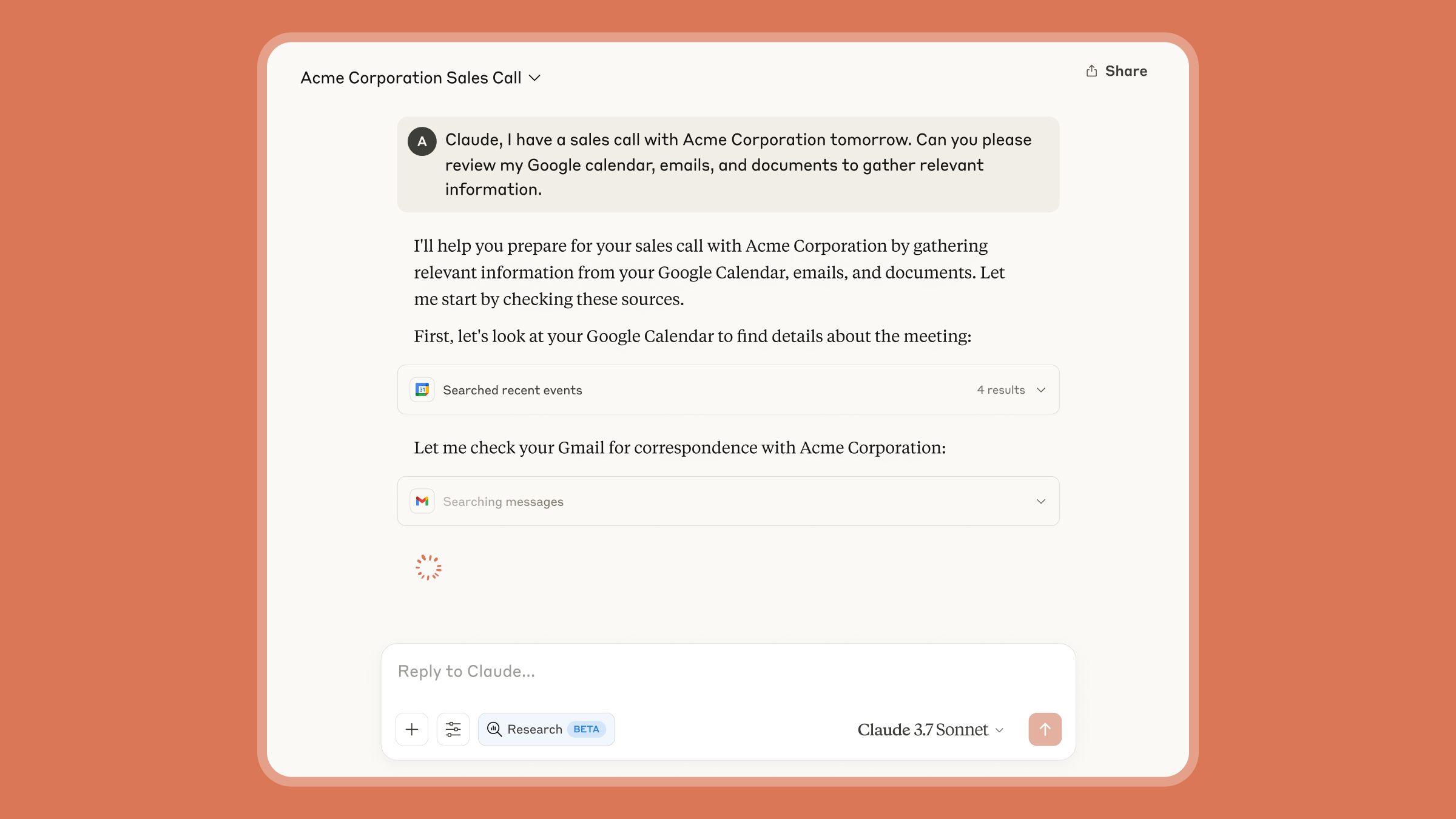 A product screenshot of Claude interacting with Google Workspace