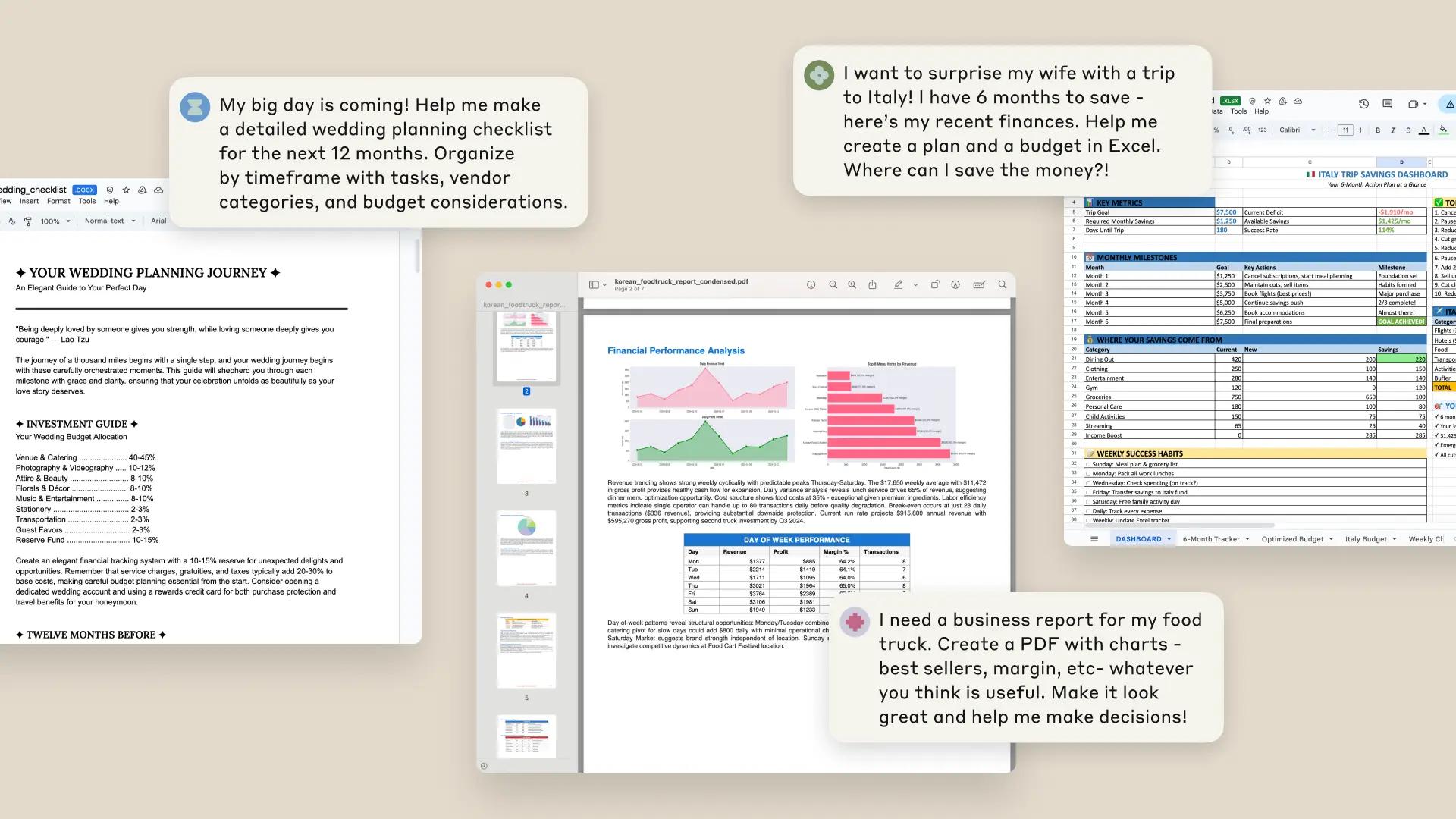 Immagine di tre prompt con i file Excel, il documento e i PDF risultanti. 